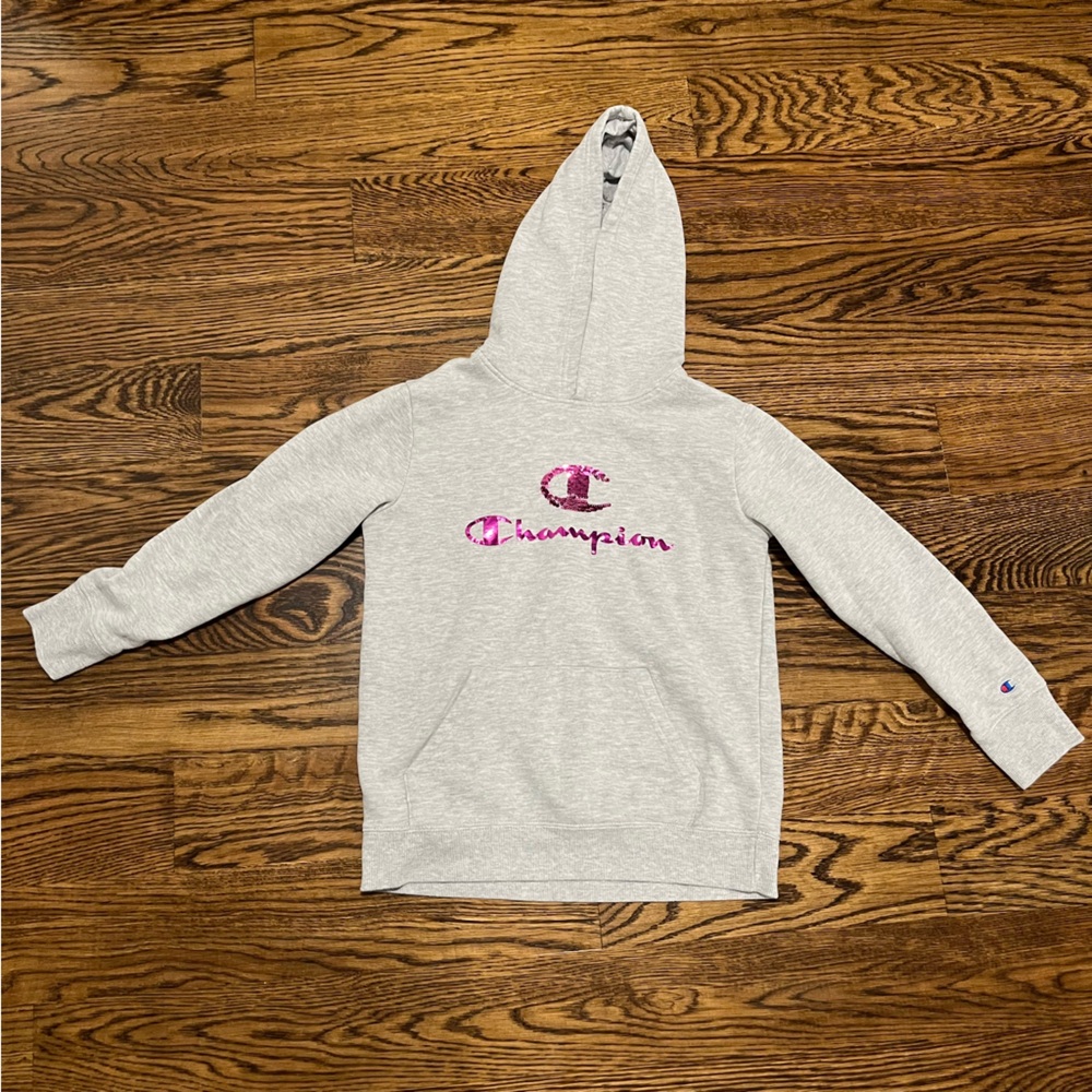 Champion Gray Hoodie with Pink Logo